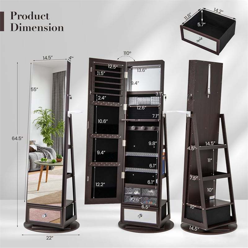 360° Swivel Jewelry Cabinet Armoire, Full-Length Mirror with LED Lockable Jewelry Organizer, Hairdryer Holder, Drawer, Rear Storage Shelves