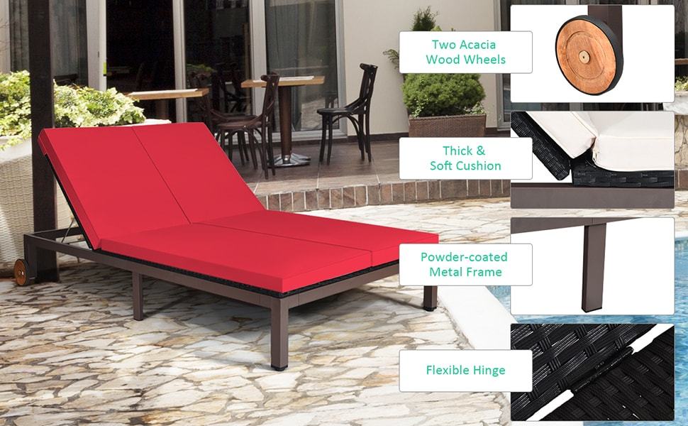 2-Person Patio Rattan Chaise Lounge Outdoor Wicker Daybed Adjustable Backrest Reclining Chair with Cushions & Wheels