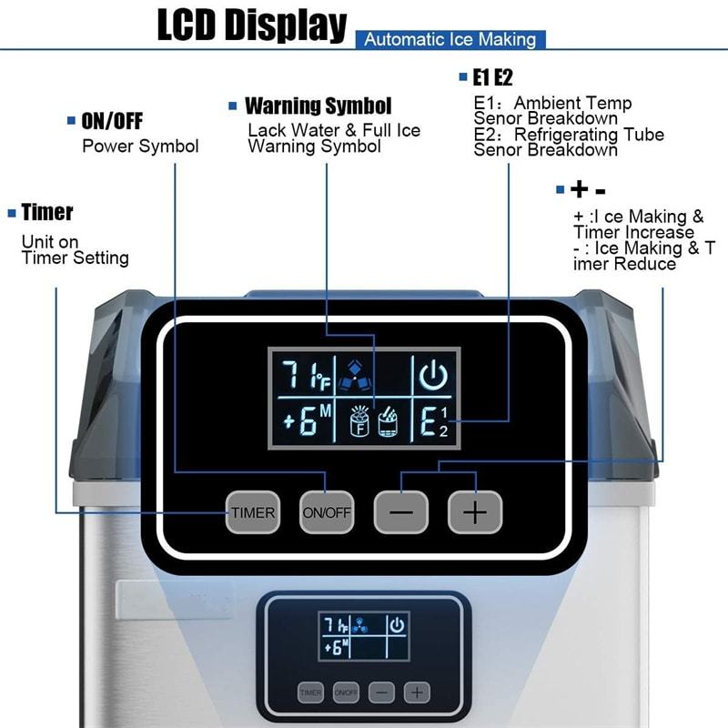 48LBS/24H Countertop Ice Maker, Portable Stainless Steel Ice Machine with Self-Cleaning, Timer Function, LCD Display, Ice Scoop Basket for Home Office