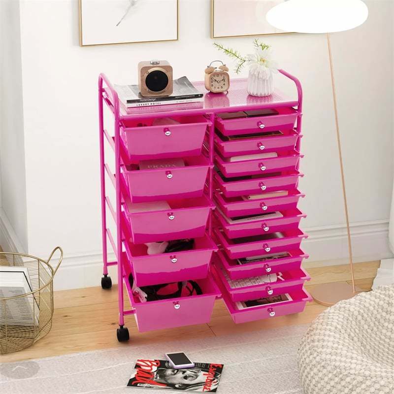 15-Drawer Rolling Storage Cart, Art &  Craft Organizer with Wheels & Removable Drawers for Tools, Scrapbook Paper, Home Office School