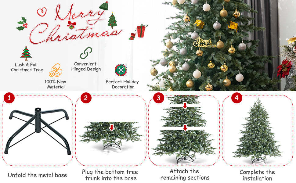 7FT Artificial Christmas Spruce Tree Feel Real Unlit Hinged Xmas Tree with 1260 Mixed PE PVC Branch Tips & Metal Stand