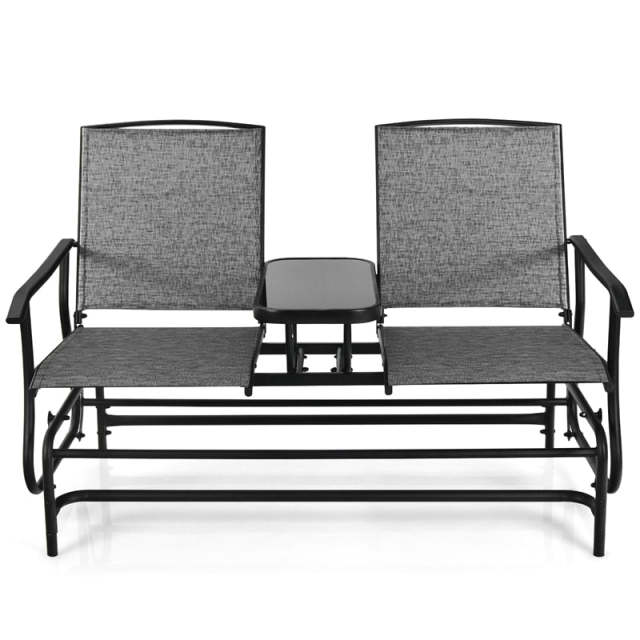 2-Person Outdoor Glider Chair with Center Tempered Glass Table, Steel Frame & Breathable Mesh, Patio Rocking Bench for Porch Garden Poolside