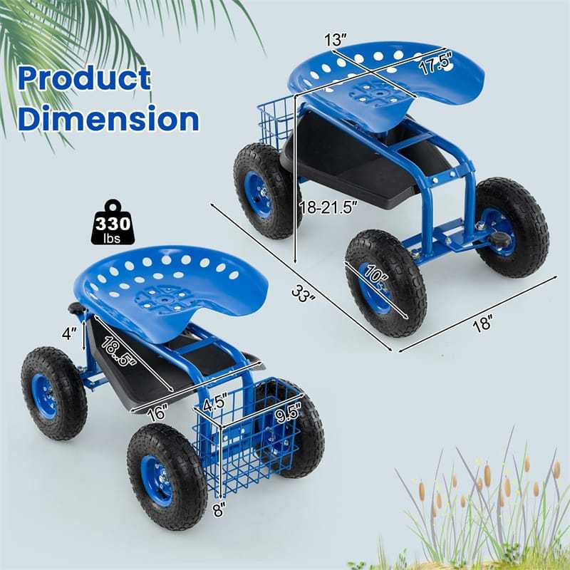 Rolling Garden Cart with 360° Swivel Seat, Tool Tray & Basket, Height Adjustable Gardening Workseat on Wheels, Patio Wagon Scooter for Planting