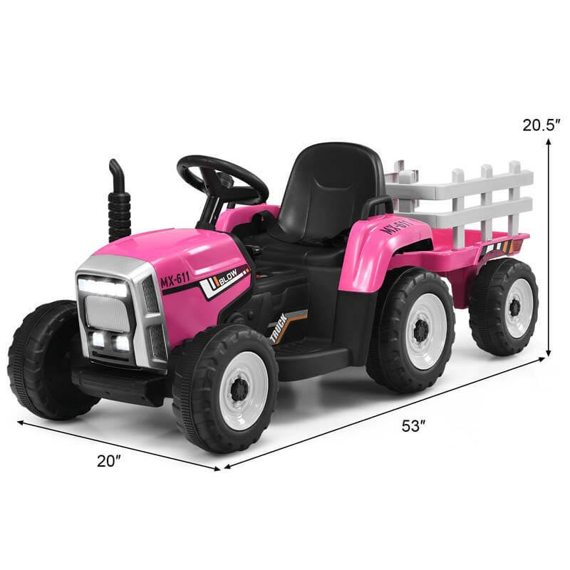 12V Kids Ride-On Tractor with Detachable Trailer, 3-Gear Ground Loader, LED Lights, Remote Control, Battery Powered Tractor Toy for Ages 3+