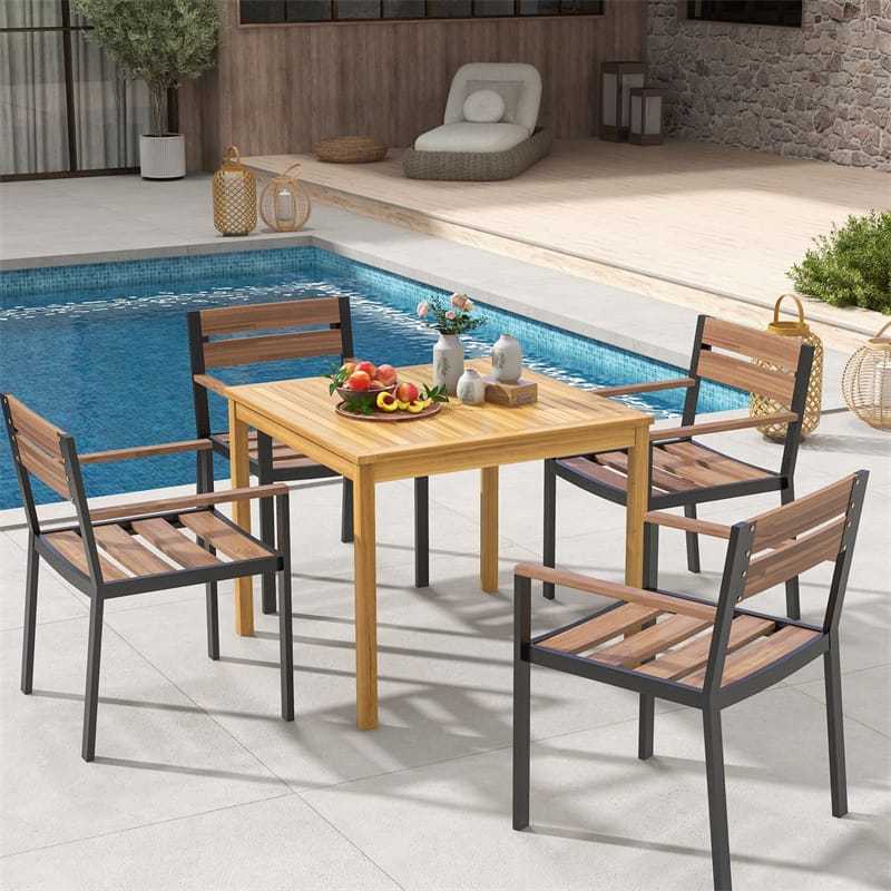 4-Person Square Acacia Wood Dining Table, Farmhouse Outdoor Bistro Table with 1.9" Umbrella Hole for Patio, Yard, Deck & Lawn
