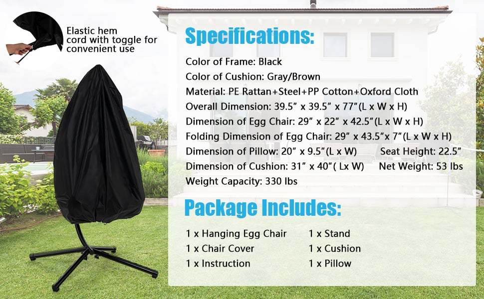 Swing Egg Chair Folding Hanging Basket Chair PE Rattan Hammock Chair with Steel Stand, Waterproof Cover, Removable Pillow & Cushion