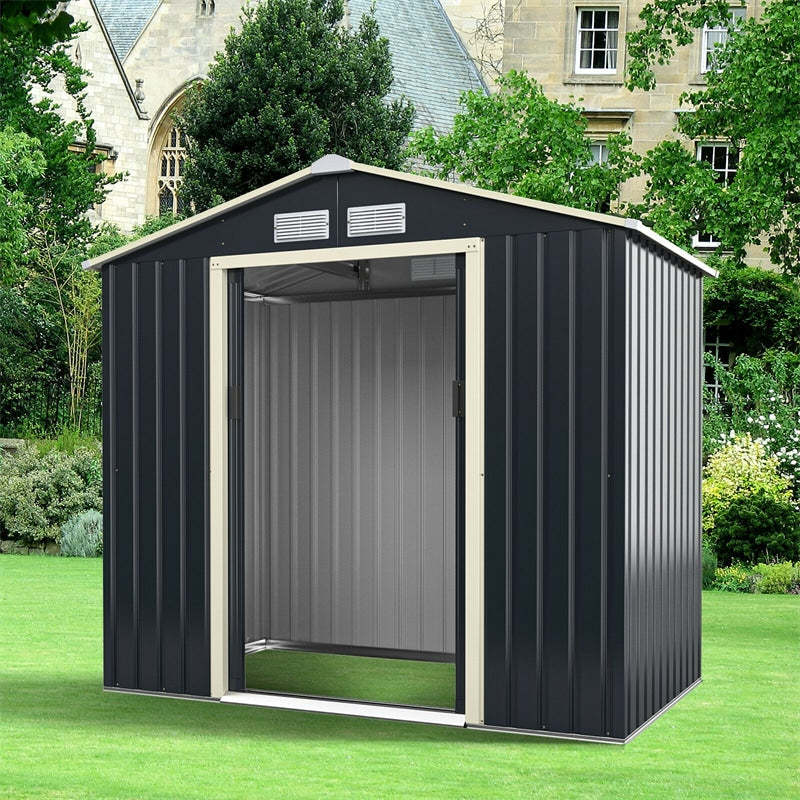 7' x 4' Large Metal Storage Shed, Galvanized Steel Garden Tool House with Lockable Double Sliding Door & Air Vents, Outdoor Backyard Storage Cabinet
