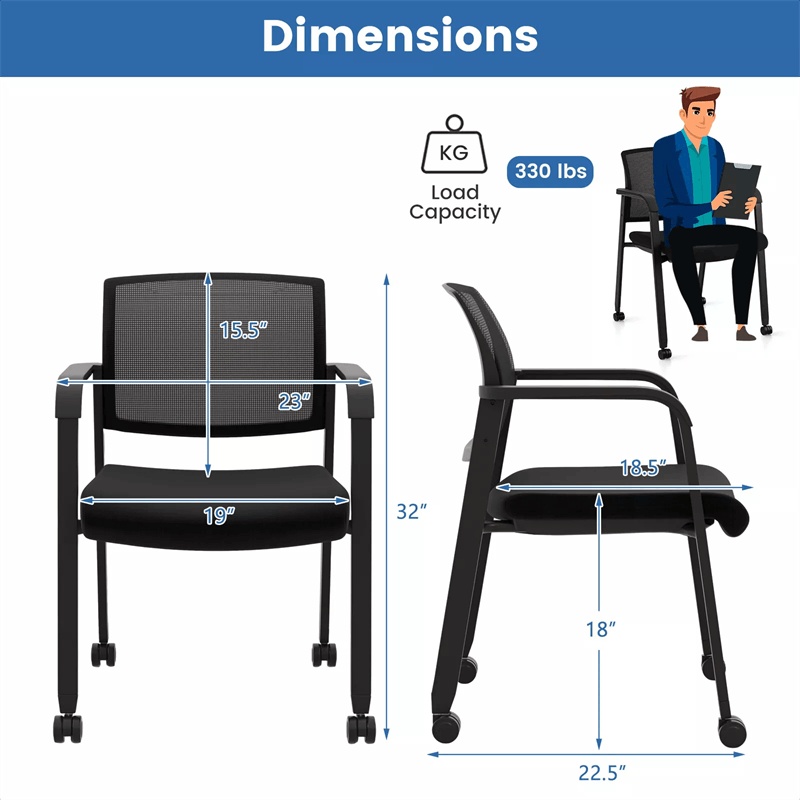 4-Pack Stackable Office Guest Chairs with PU Wheels, Mesh Back & Armrests, Rolling Reception Chairs for Waiting Room, Conference Room, School, Lobby