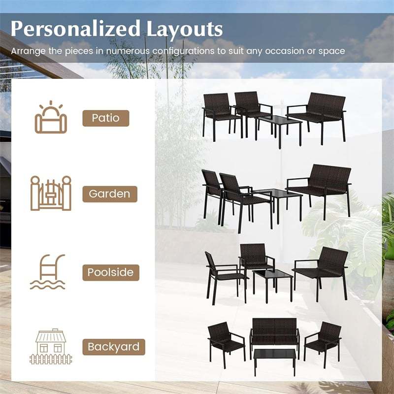 4 Piece Patio PE Rattan Furniture Set Outdoor Wicker Loveseat Chair Table Set Heavy Duty Galvanized Metal Frame for Small Space Balcony