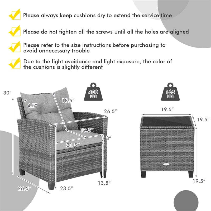 3PCS Patio Rattan Furniture Set Outdoor Conversation Set Wicker Bistro Set with Cushioned Chairs & Tempered Glass Side Table