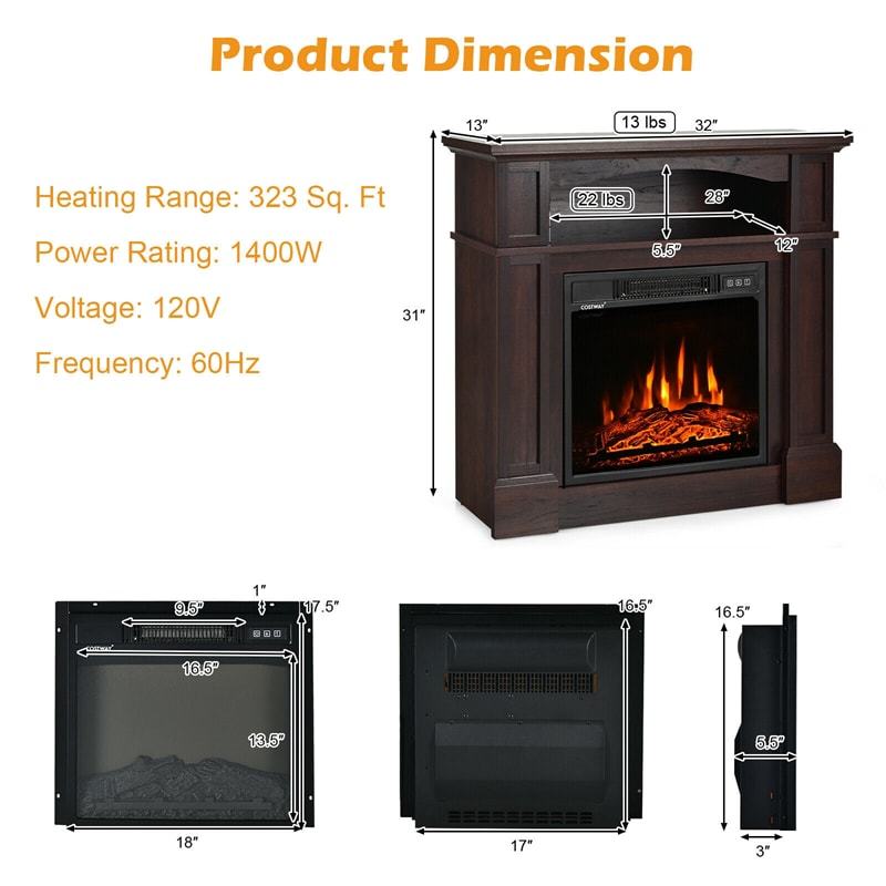 32" Electric Fireplace with Mantel, 1400W Freestanding Heater with Adjustable Flame, Remote Control, Thermostat & Storage Shelf for Living Room