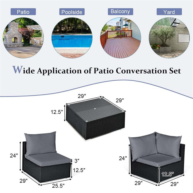7-Piece PE Rattan Outdoor Sectional Sofa with Tempered Glass Top Table & Cushions, Wicker Patio Furniture Set for Garden Poolside Balcony