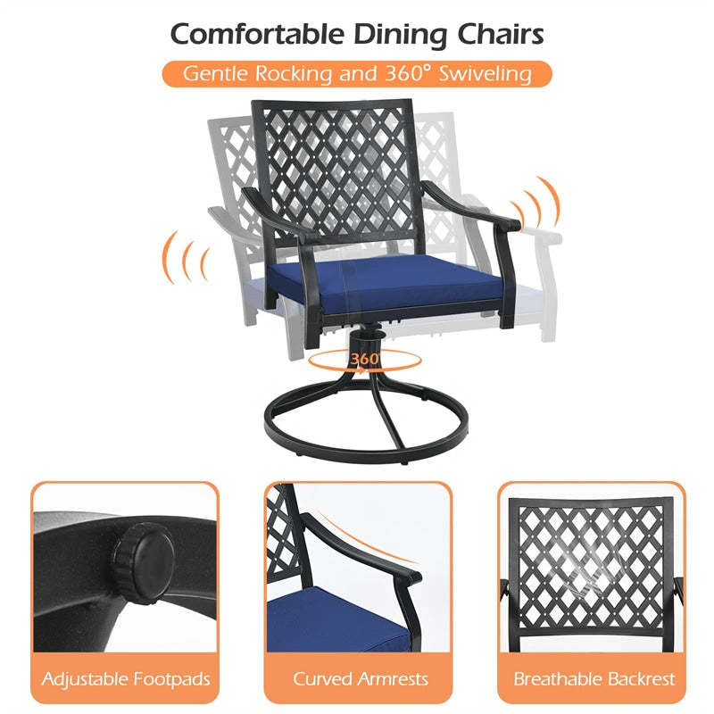 Swivel Patio Dining Chairs Set of 2, Metal Frame Lattice Outdoor Chairs 360 Rotation with Cushions & Curved Armrests for Porch Lawn Garden Yard