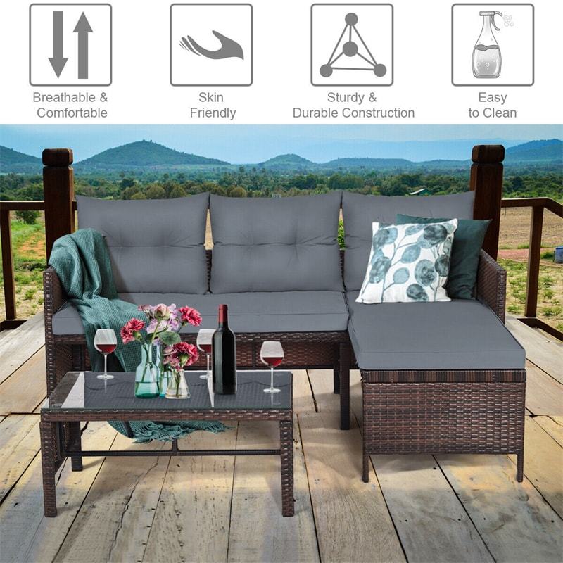 Bestoutdor 3 Pcs Outdoor PE Rattan Furniture Set Corner Sofa Set