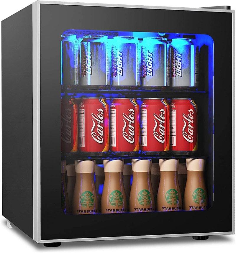 60 Can Mini Beverage Refrigerator, 1.6 Cu.Ft Freestanding Drink Fridge with Glass Door & Removable Shelves, Compact Beverage Cooler for Home Office