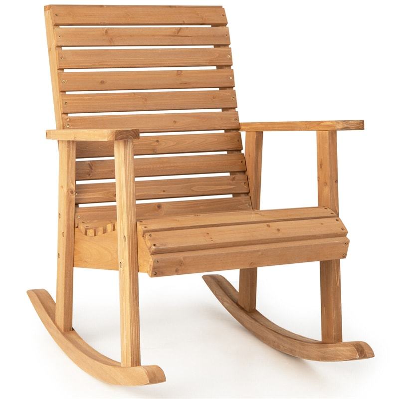Wood Outdoor Rocking Chair Patio Rocker 330 Lbs Weight Capacity Fir Wood Chair with High Backrest & Wide Armrests for Garden Yard Indoor