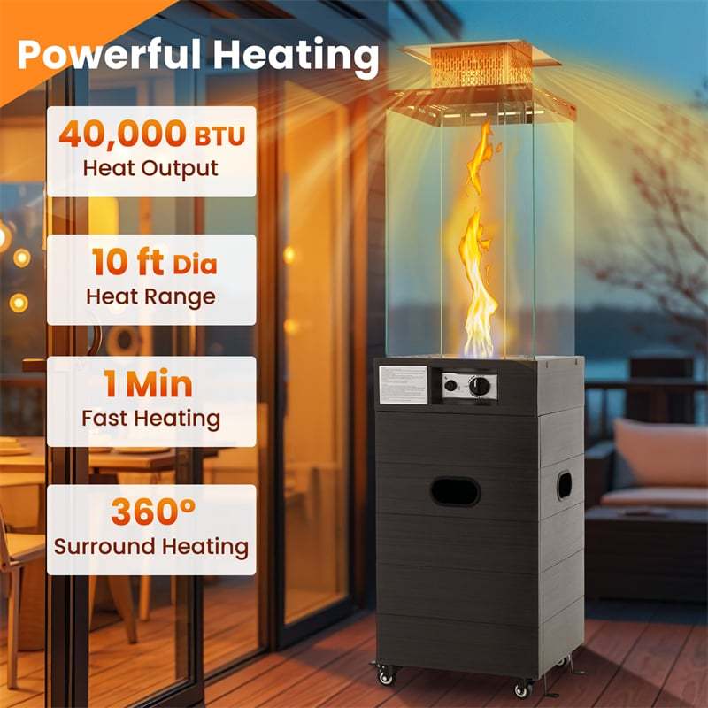 40,000 BTU Patio Heater, Outdoor Propane Gas Heater with Wheels, Tempered Glass Tube, Stainless Steel Burner & Cover, CSA Certified for Porch Backyard