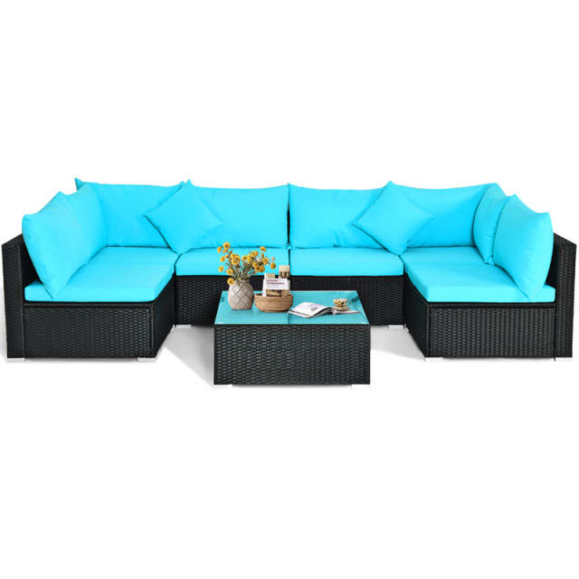 7-Piece PE Rattan Outdoor Sectional Sofa with Tempered Glass Top Table & Cushions, Wicker Patio Furniture Set for Garden Poolside Balcony