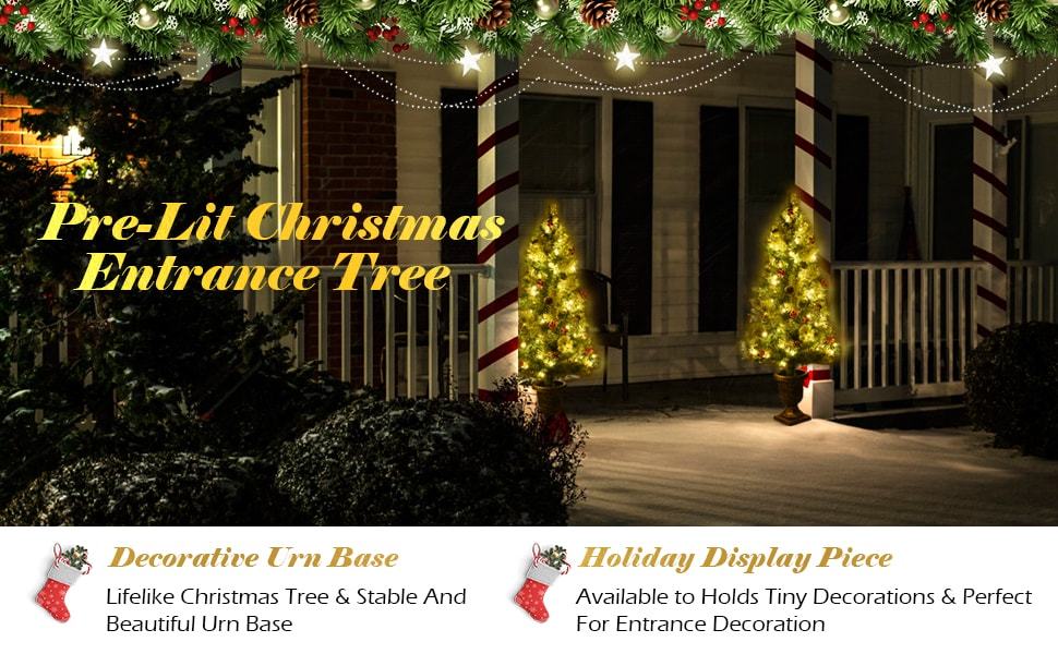 5FT PreLit Entrance Christmas Tree Artificial Tabletop Xmas Tree with 100 LED Lights & Red Berries Pine Cones