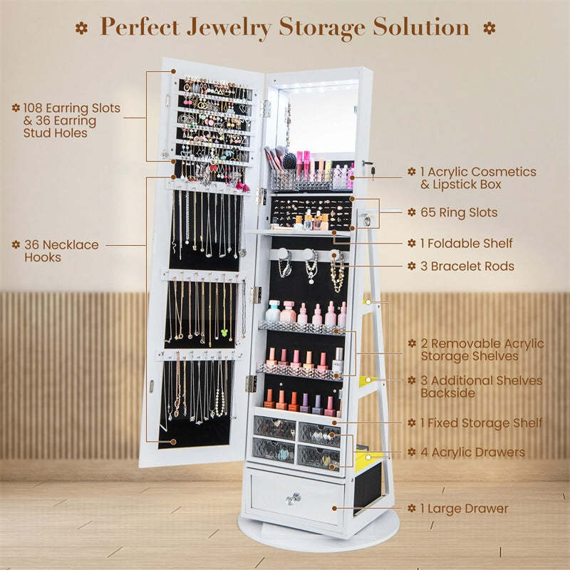 360° Swivel Jewelry Cabinet Armoire, Full-Length Mirror with LED Lockable Jewelry Organizer, Hairdryer Holder, Drawer, Rear Storage Shelves