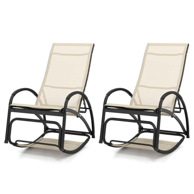 2PCS 2-in-1 Outdoor Rocking Chairs, Convertible Lounge Chairs with 4-Position Adjustable Backrest, Curved Armrest, Aluminum Frame for Poolside, Porch