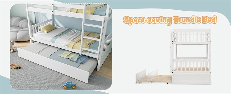 Twin Over Twin Bunk Bed Convertible Solid Wood Platform Bed Frame Space-Saving Bunk Bed with Trundle & Ladder for Teens Adults