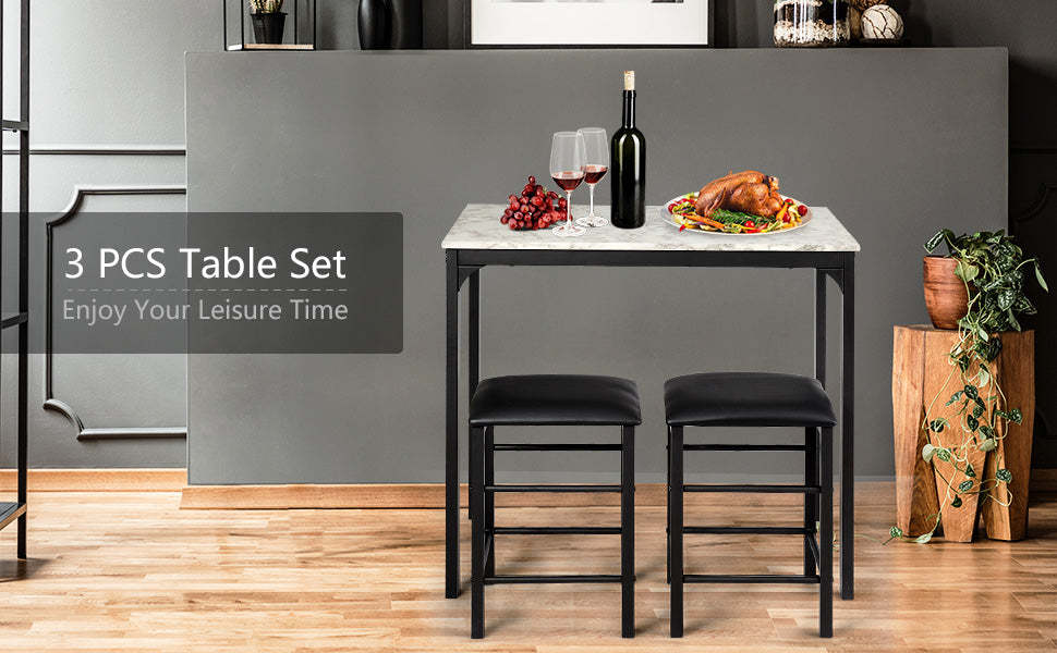 3 Pcs Counter Height Dining Set with Faux Marble Table & Cushioned Stools