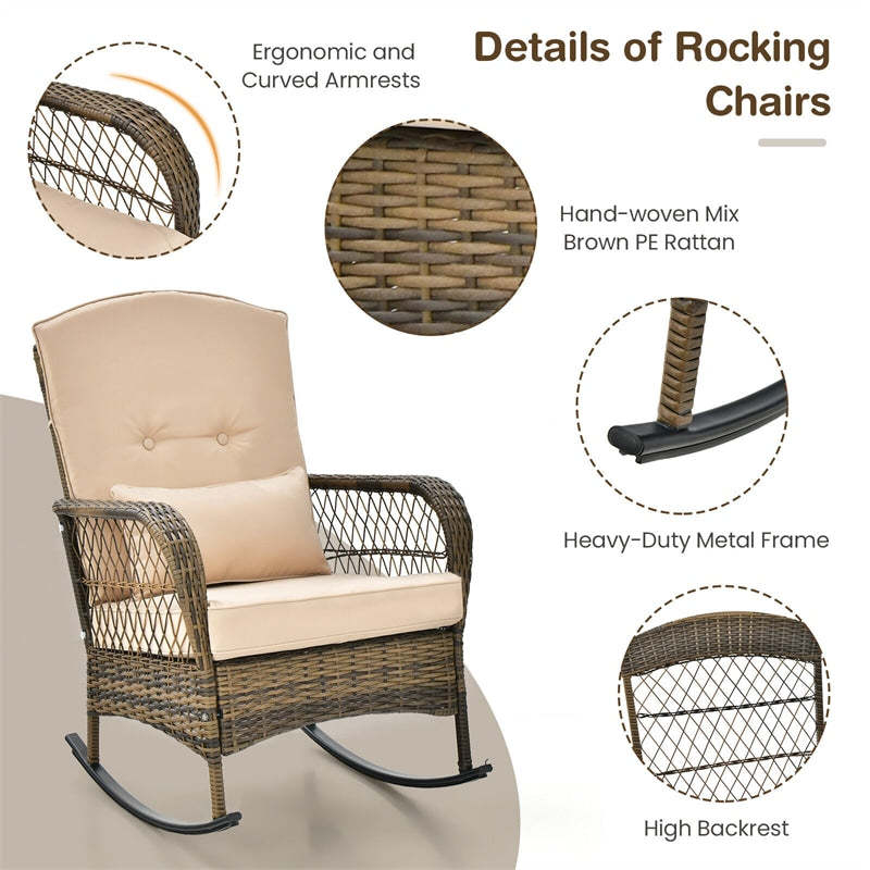 3-Piece Outdoor Wicker Rocking Bistro Set, Patio PE Rattan Rocking Chairs with Tempered Glass Side Table & Cushions for Porch, Poolside, Backyard