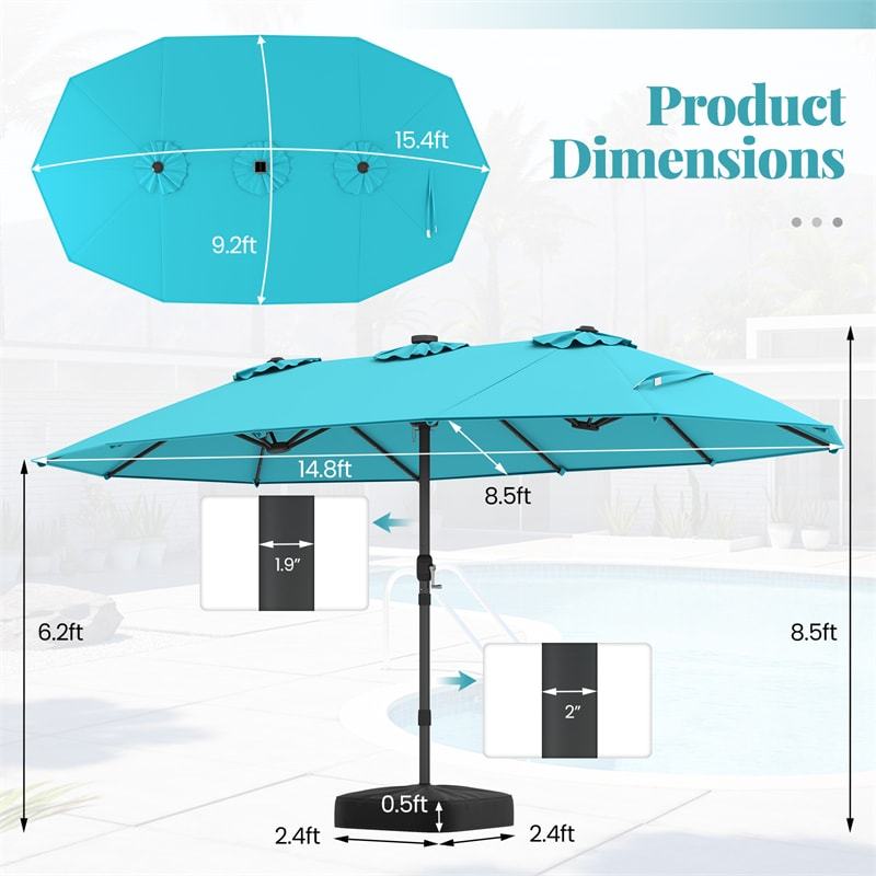 15FT Double-Sided Patio Umbrella with Base, 48 Solar LED Lights & Crank Handle, Extra Large Double Outdoor Umbrella for Poolside, Backyard