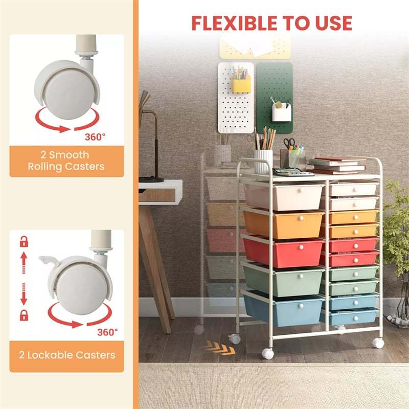 15-Drawer Rolling Storage Cart, Mobile Organizer with Wheels for Office, School, Craft, Tools, Scrapbook Paper, Storage Drawer Cart