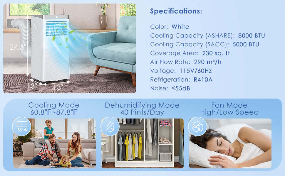 8000 BTU Portable Air Conditioner 3-in-1 Air Cooler with Fan & Dehumidifier Mode Remote Control