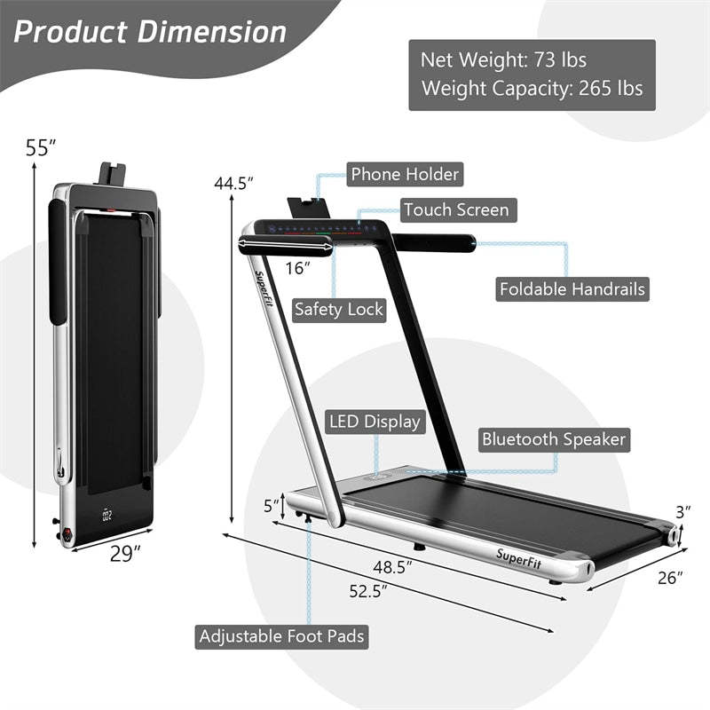 2-in-1 Under Desk Treadmill, 2.25HP SuperFit Folding Walking Jogging Machine with Dual Display, Remote & App Control, Bluetooth for Home Office