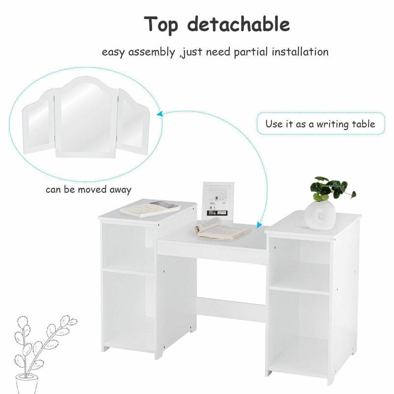 Kids Makeup Vanity Table, 2-in-1 Princess Dressing Table with Tri-folding Detachable Mirror & Storage Shelves, Pretend Play Girls Study Desk