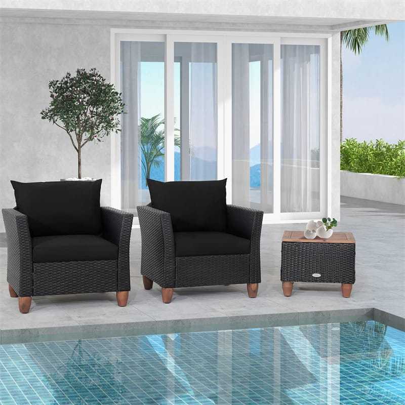3PCS Patio Rattan Furniture Set Cushioned Sofa Chair Storage Coffee Table with Acacia Wood Top, Outdoor Wicker Conversation Set for Garden