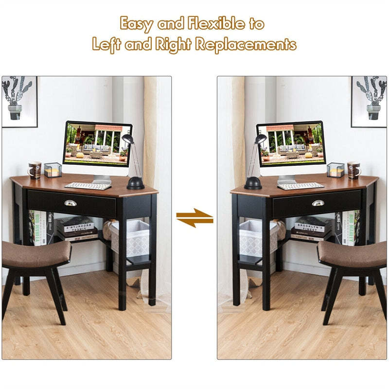 Corner Desk Triangle Computer Desk Laptop Writing Table Workstation Vanity Desk with Drawers & Storage Shelves