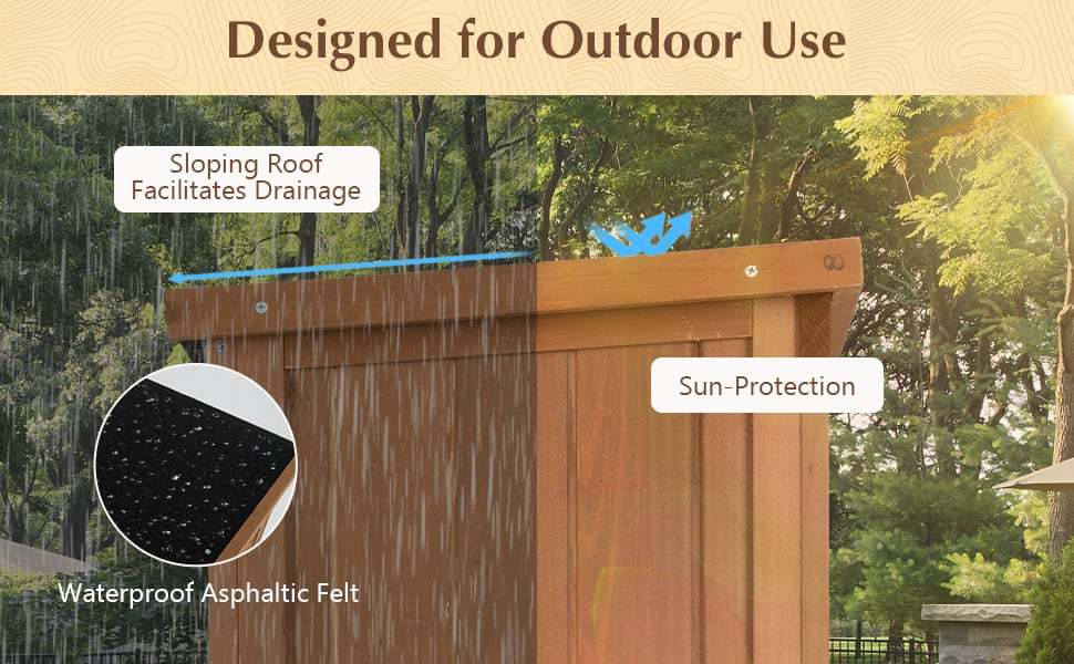 63” Outdoor Wood Storage Cabinet Garden Tool Shed with Double Lockable Doors 3 Shelves Asphalt Roof