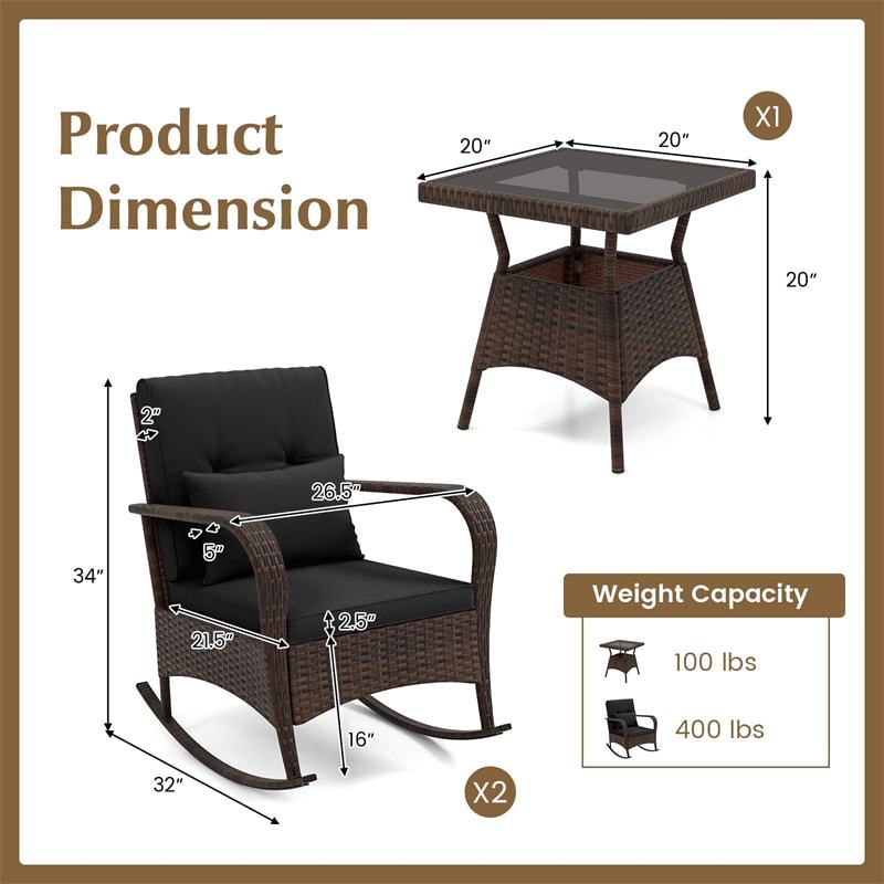3-Piece PE Rattan Rocking Bistro Set with Removable Cushions & Tempered Glass Table, Outdoor Patio Furniture Set for Porch, Poolside, Backyard