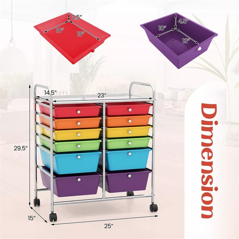 12-Drawer Rolling Storage Cart, Multipurpose Organizer Cart with Lockable Casters, Mobile Utility Cart for School Office Beauty Salon