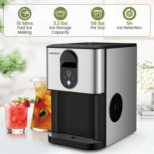 Self-Dispensing Countertop Nugget Ice Maker, 56LBS/24H Soft Chewable Ice, Self-Cleaning, Portable Stainless Steel Ice Machine for Home Office, Parties