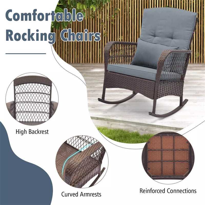 3-Piece Rattan Patio Rocker Set with 2 Rocking Chairs, Tempered Glass Coffee Table & Cushions, Outdoor Bistro Set for Porch, Poolside, Backyard