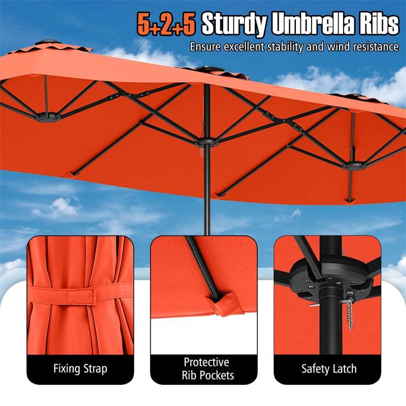 15.5FT Extra Large Patio Umbrella with 144 Solar LED Lights & Crank Handle, 12 Heavy-Duty Ribs Double-Sided Market Umbrella for Deck, Poolside