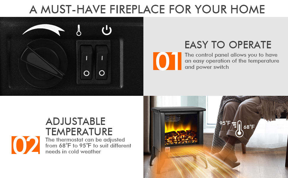 18 Inch Portable Electric Fireplace Stove 1400W Freestanding Fireplace Heater with Realistic Flame Effect