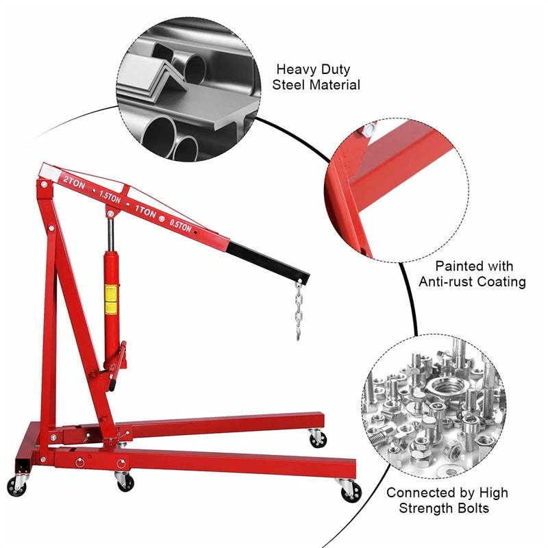 2 Ton Folding Engine Hoist, Heavy Duty Hydraulic Shop Crane with 6 Wheels, Adjustable Load Arm & 4400 LBS Capacity for Garage, Workshop