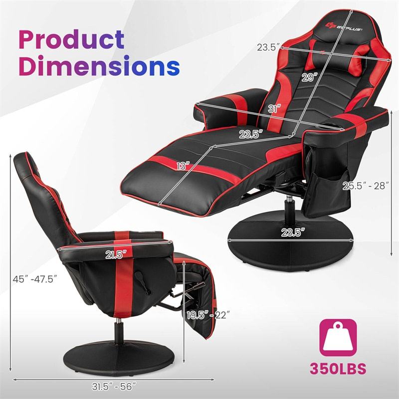 Gaming Recliner Adjustable Height Massage Gaming Chair with Retractable Footrest & Cup Holder, Ergonomic Swivel Video Game Chair Recliner Sofa