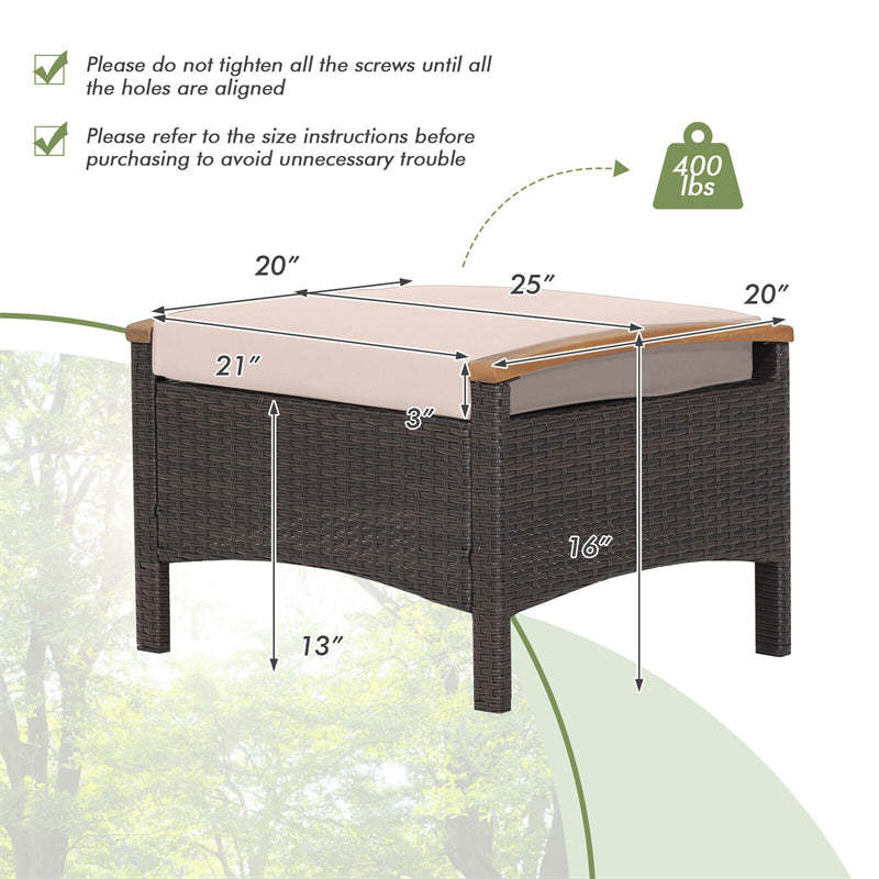 2PCS Patio PE Rattan Ottomans w/ Acacia Wood Handle & Removable Cushion, 3-in-1 Wicker Outdoor Footrest Seat & Side Table for Poolside, Backyard
