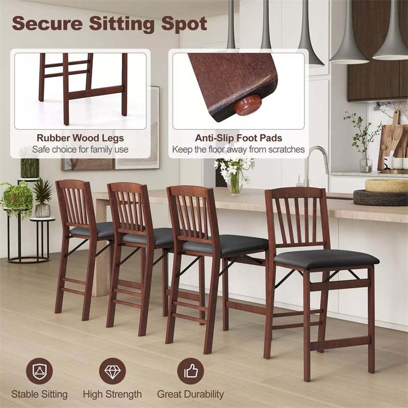 Set of 2 Folding Bar Stools, 24.5" Kitchen Island Counter Height Chairs with Padded Seats, Footrests & Rubber Wood Legs