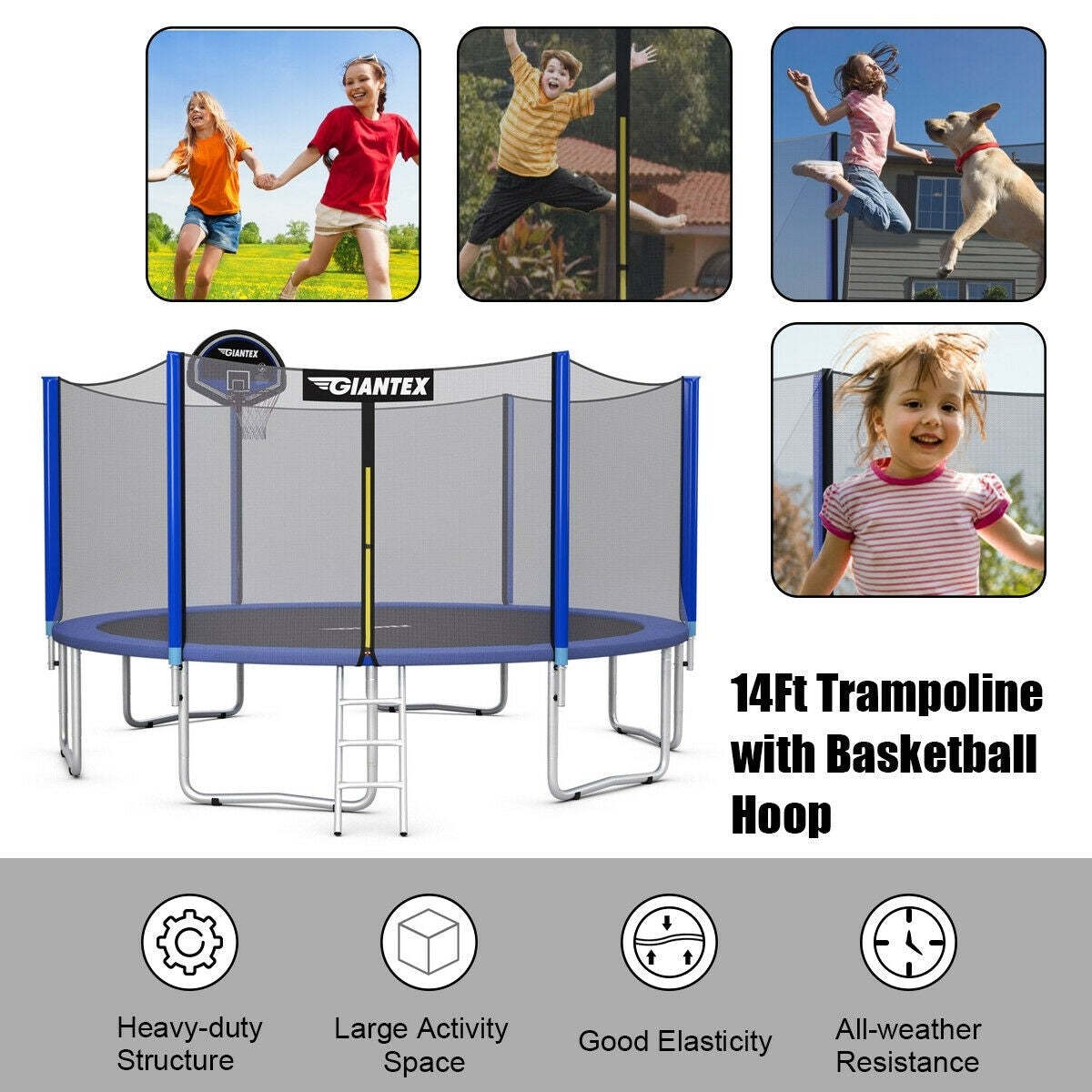 14 ft Round Trampoline with Safety Enclosure Net and Basketball Hoop