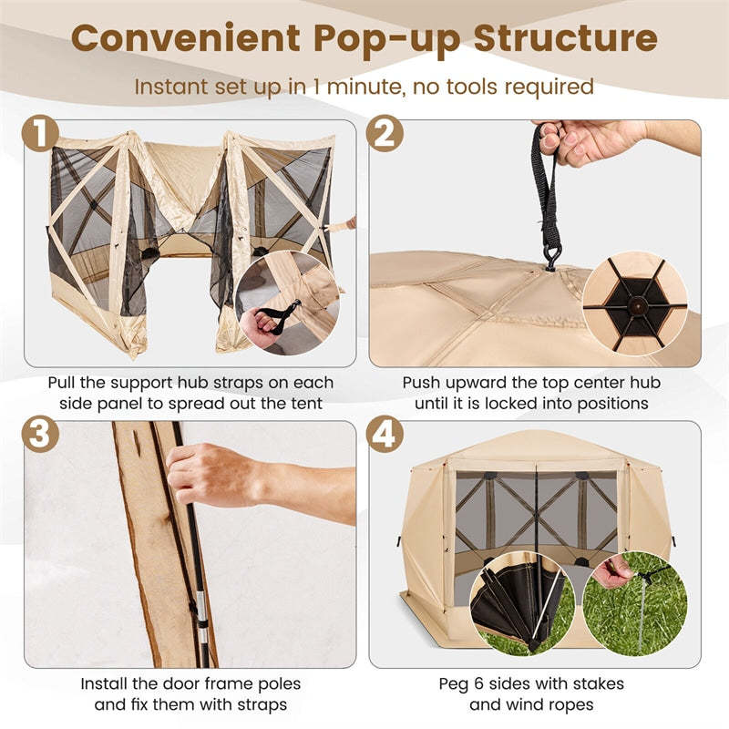 11.5' x 11.5' Pop Up Screen House Tent Portable 6-Sided Camping Gazebo Tent Outdoor Instant Canopy Shelter with Mesh Netting 2 Wind Panels & Carry Bag
