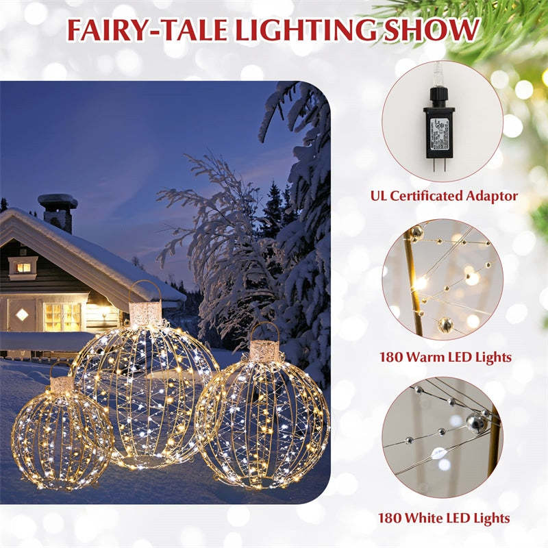 3 Pack Christmas LED Light Balls Holiday Lighted Decoration with 180 Warm White 180 White LED Lights