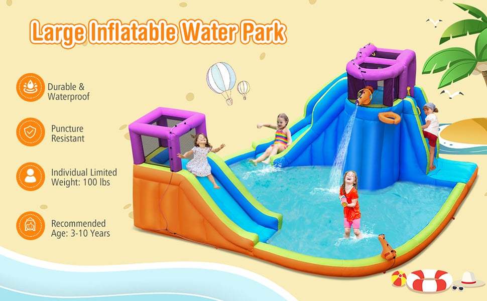 Inflatable Water Slide 15x14.5FT Mega Kids Waterslide Park Outdoor with Dual Slides, Splash Pool, Water Guns & Climbing for Racing Fun